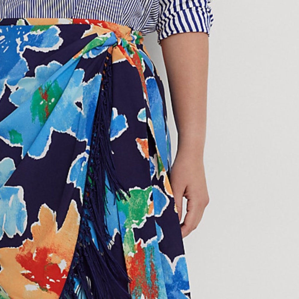 Lauren Ralph Lauren Fringe-Trim Floral Crepe Skirt NWT Faux belt - Picture 3 of 15